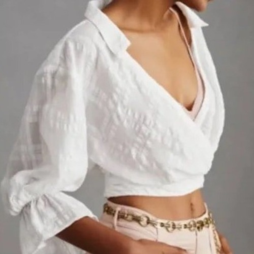 Anthropologie White Banded Surplice V-Neck Blouse - Textured Puff Sleeve - S
